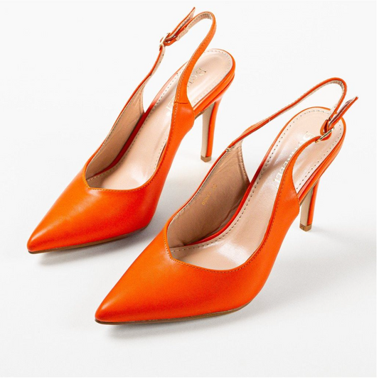 Pantofi dama Amani portocaliu din piele eco, cu toc subțtire de 10cm și vârf ascuțit
